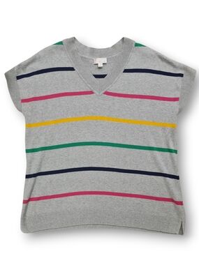 Belle by Kim Gravel Hyper Prep Multi-Stripe V-Neck Short Sleeve Sweater Gray XL